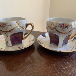 Vintage Floral Mug and Saucer Set with Gold Accents